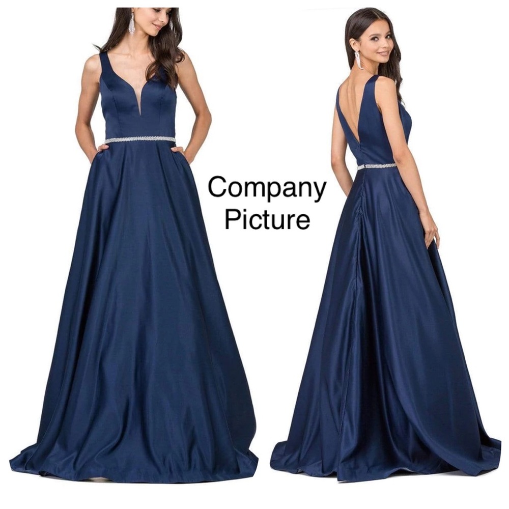 Navy Blue Satin Full Length Bridal Prom Dress